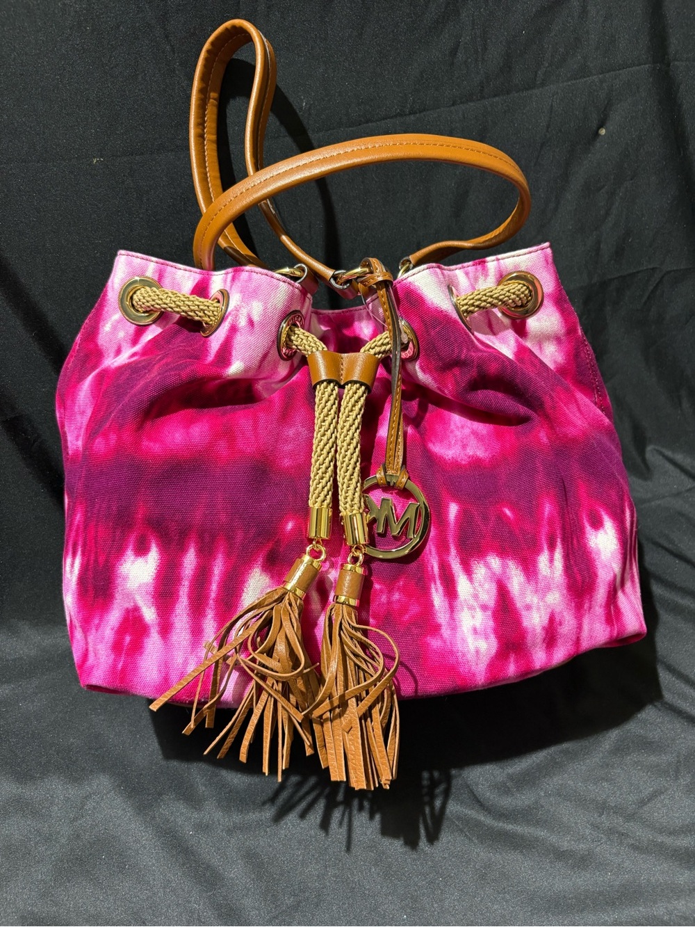 Michael Kors Pink Tie-Dye Drawstring Bucket Bag with Tan Accents